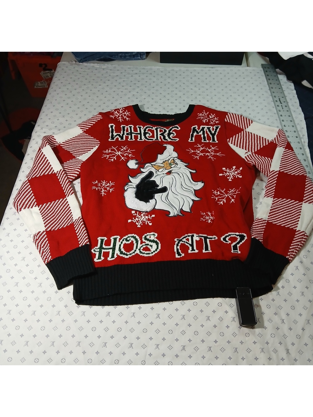 Spencers Workshop Where My Hos At red ugly Christmas sweater Light Up L Large